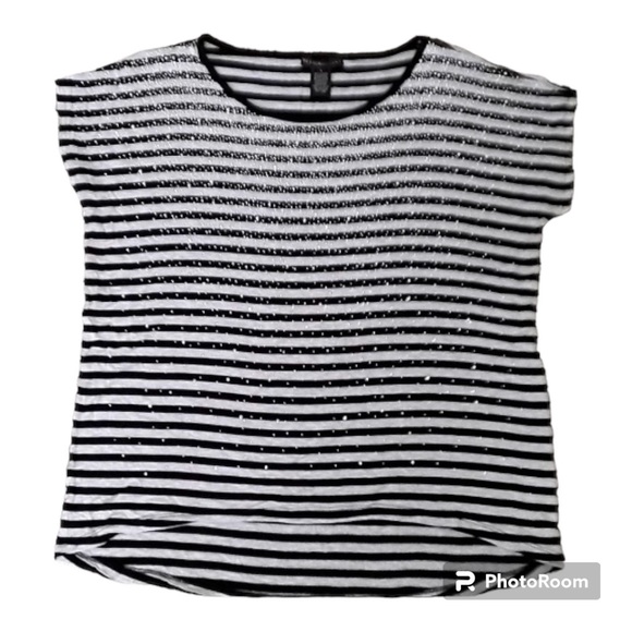 DESIGN history Black & White Stripe Silver Bling Top Cap Sleeve Round Neck L - Picture 1 of 12